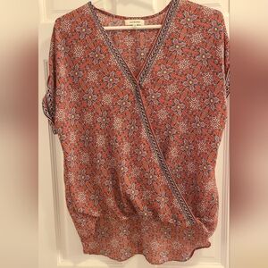 Max Studio Orange and Blue Printed Faux Wrap Blouse